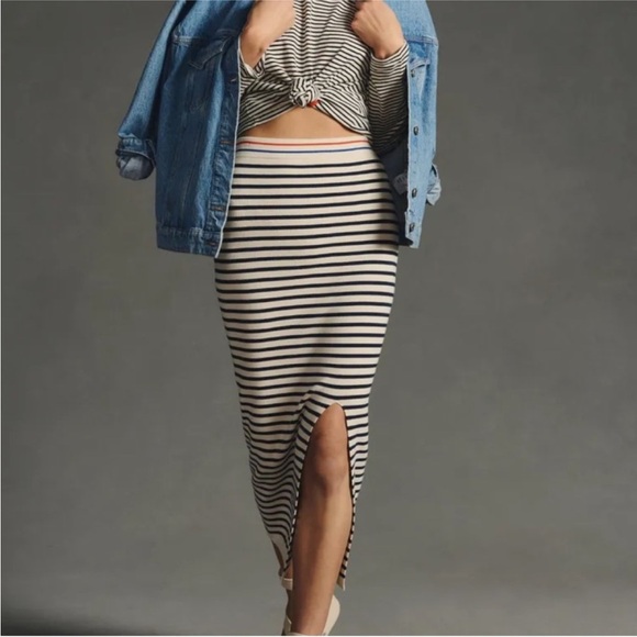 KULE x Anthropologie Dee Knit White Blue Striped Nautical Pencil Tube Maxi M - Picture 2 of 12